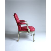 A PAIR OF GEORGE III BLUE AND WHITE PAINTED ARMCHAIRS  From Easton Neston House Attributed to John Cobb