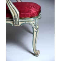 A PAIR OF GEORGE III BLUE AND WHITE PAINTED ARMCHAIRS  From Easton Neston House Attributed to John Cobb