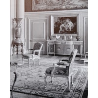 A PAIR OF GEORGE III BLUE AND WHITE PAINTED ARMCHAIRS  From Easton Neston House Attributed to John Cobb