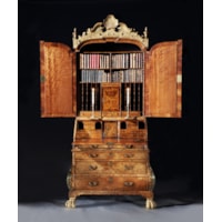 A George I Period Burr Walnut Giltwood and Brass Mounted Bombe Bureau Cabinet