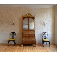 A George I Period Burr Walnut Giltwood and Brass Mounted Bombe Bureau Cabinet