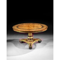 A REGENCY POLLARD OAK, YEW AND EBONY CENTRE TABLE ATTRIBUTED TO GEORGE BULLOCK