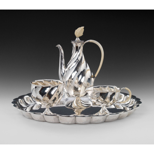 SILVER COFFEE SERVICE consisting of: coffee pot, milk jug, sugar bowl, oval tray
