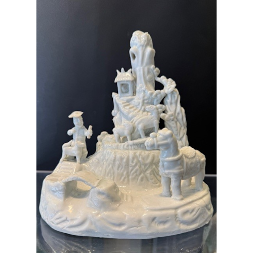 China white porcelain group carved from a shepherd and animals walking in the mountain, a western hunter accompanied by his dog and in the foreground a horse - China kilns of Dehua province of Fujian
China Kangxi,period 1662/1722