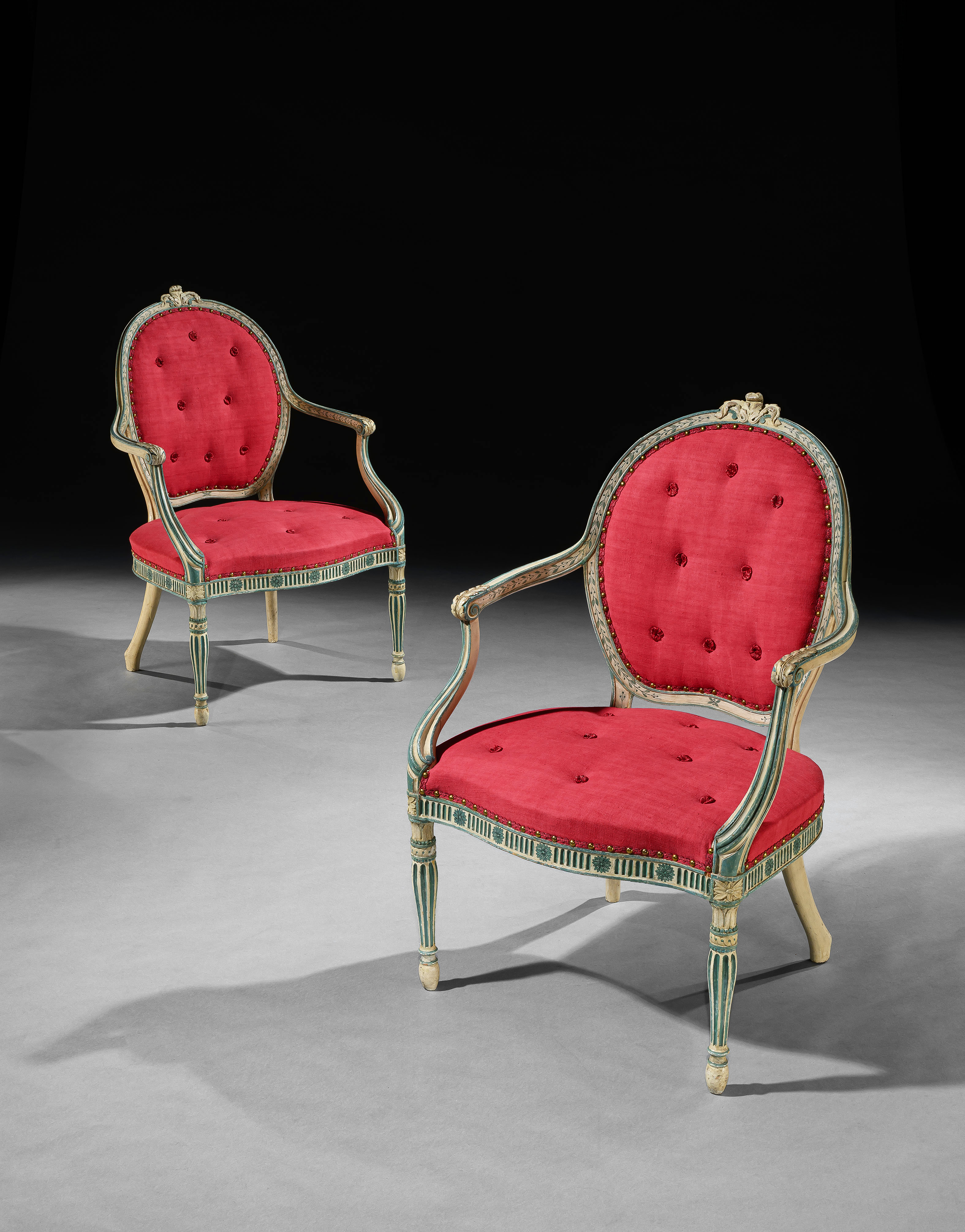 A PAIR OF GEORGE III BLUE AND CREAM PAINTED OPEN ARMCHAIRS