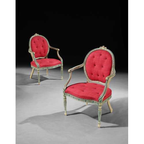 A PAIR OF GEORGE III BLUE AND CREAM PAINTED OPEN ARMCHAIRS