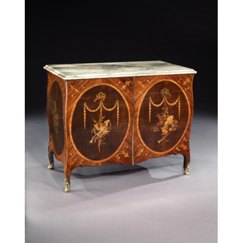 A Pair of George III Marquetry Bombe Commodes Attributed to Mayhew and Ince