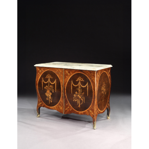 An Exceptional Pair of George III Marquetry Bombe Commodes Attributed to Mayhew and Ince