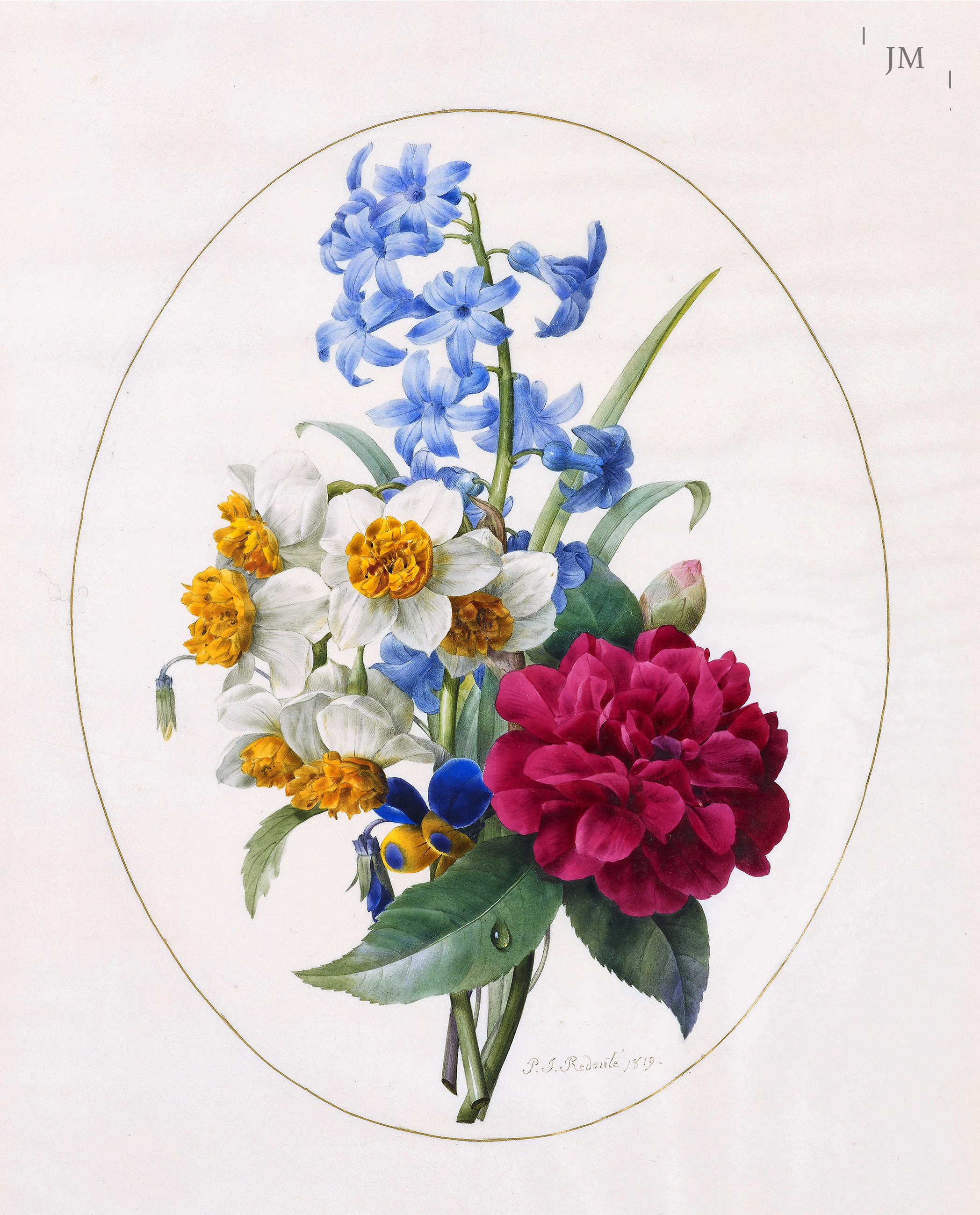 A Sprig of Spring Flowers – hyacinth, narcissi, camellias and a pansy



