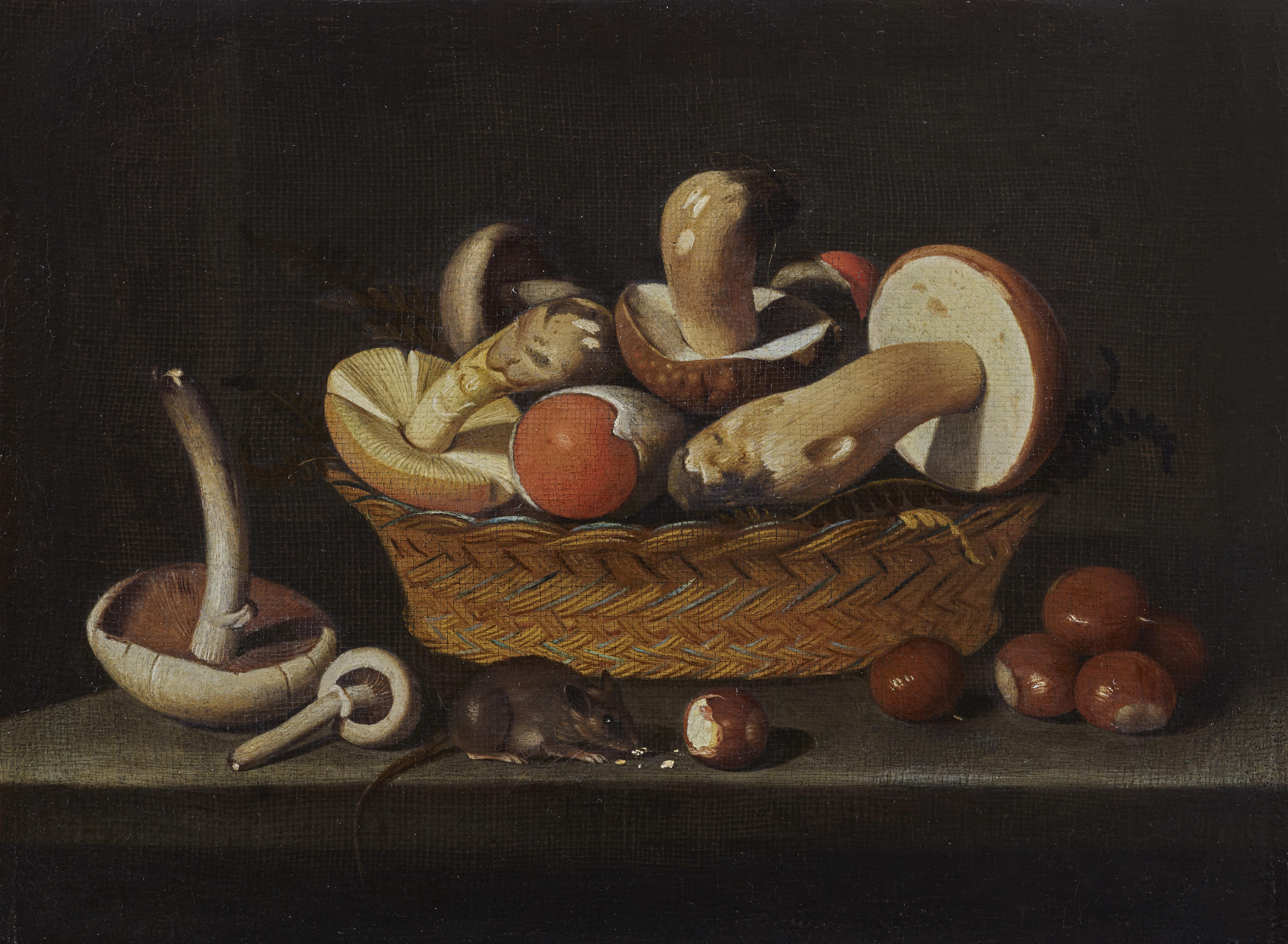 A still life with mushrooms, hazelnuts and a mouse