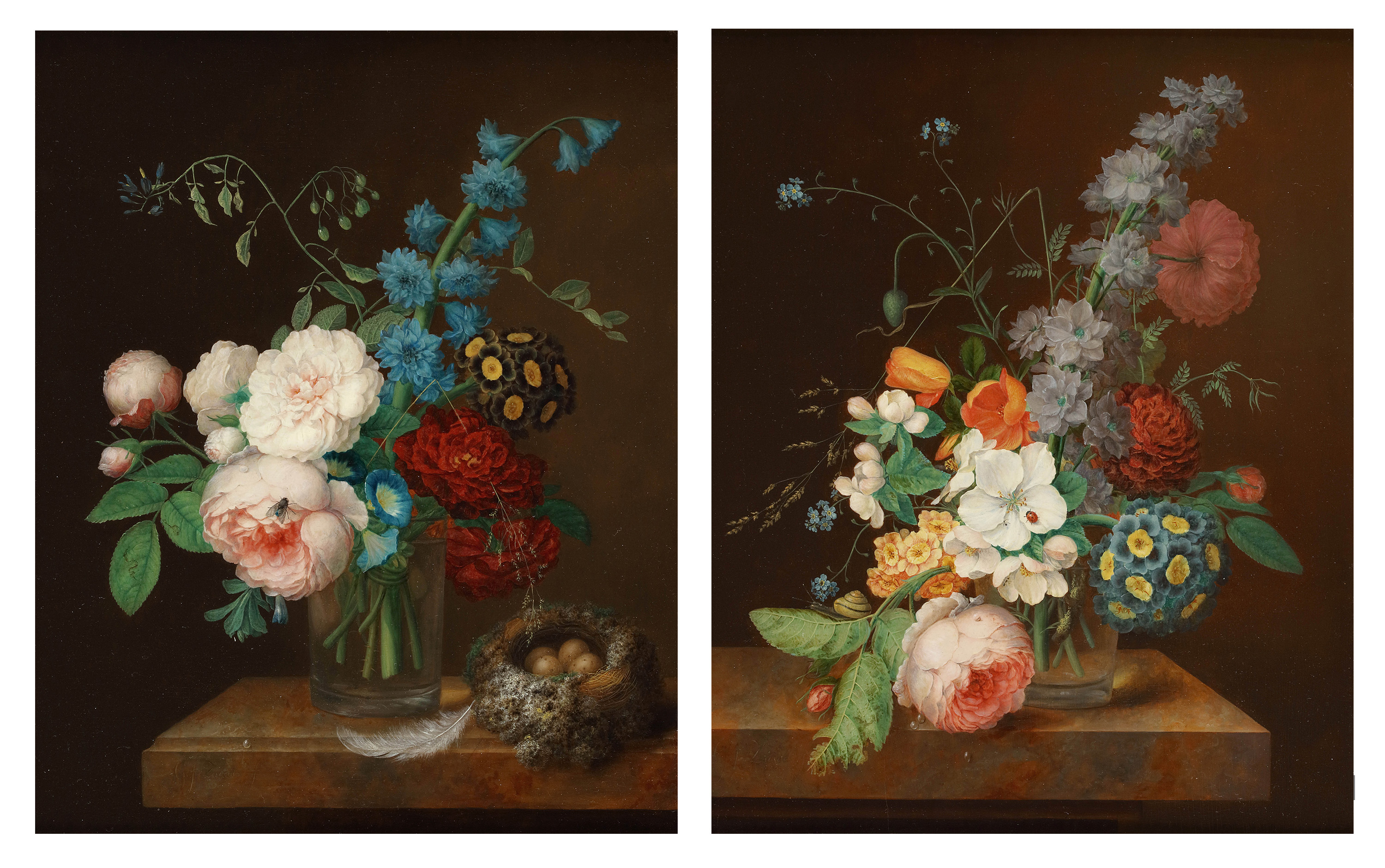 Still lifes depicting roses, auriculae, morning glory and other flowers in a glass vase on a marble ledge - a pair