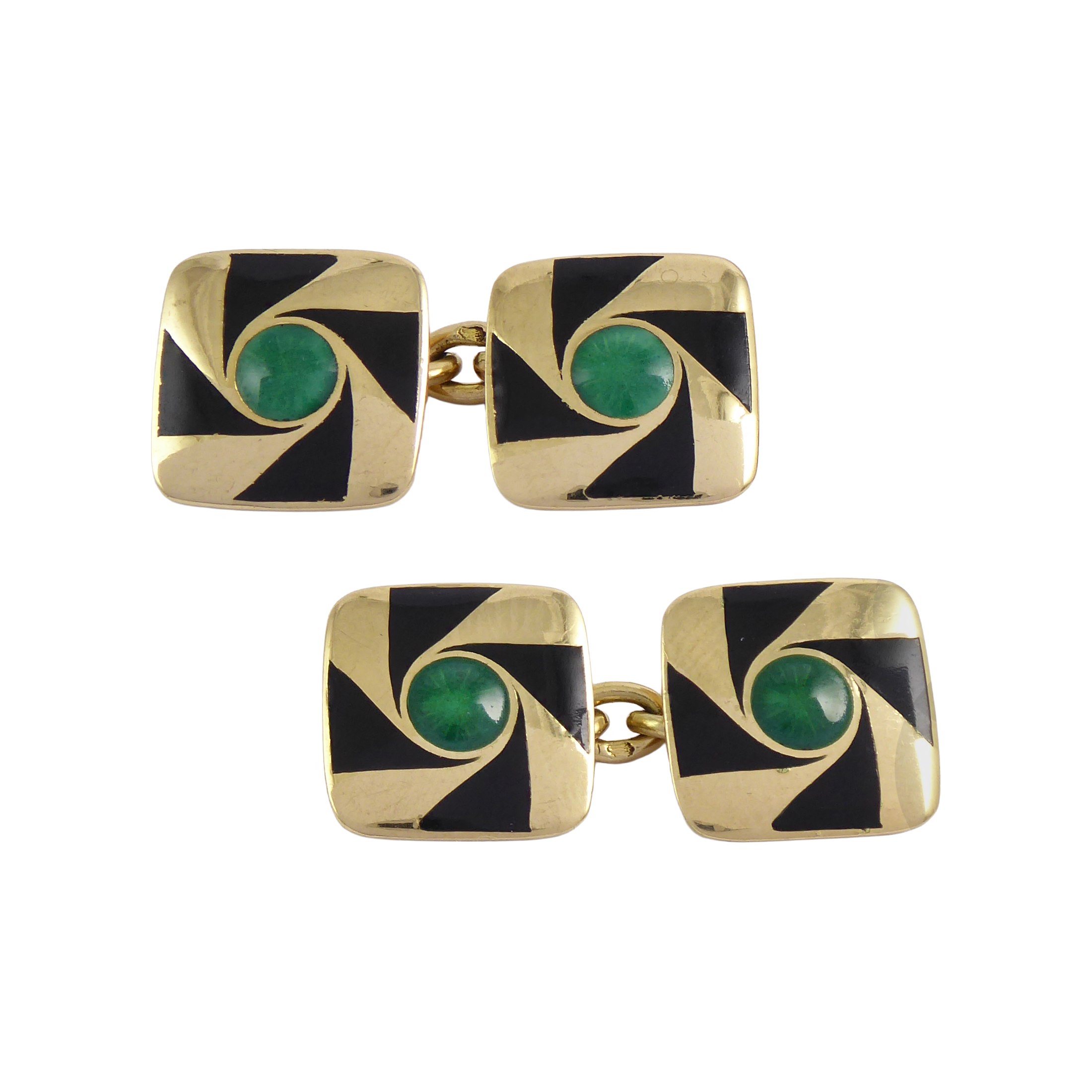 Pair of Art Deco gold and enamel cushion panel cufflinks, French c.1930, in green and black,