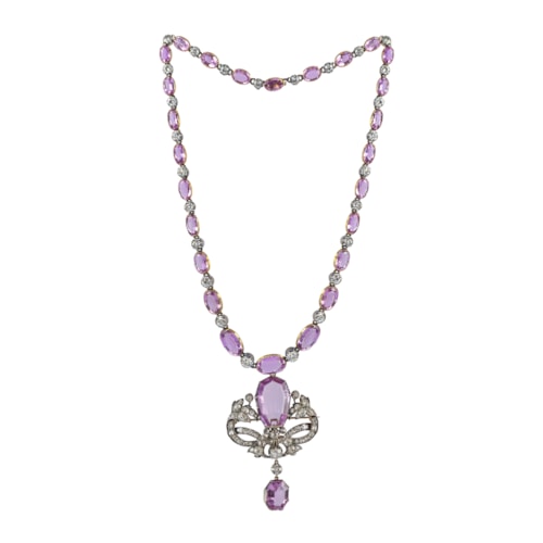 19th century pink topaz and diamond graduated necklace with fancy cut pink topaz and diamond cluster pendant, c.1880,