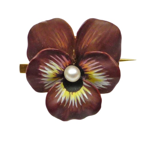 Antique maroon enamel and pearl pansy brooch, probably American c.1900