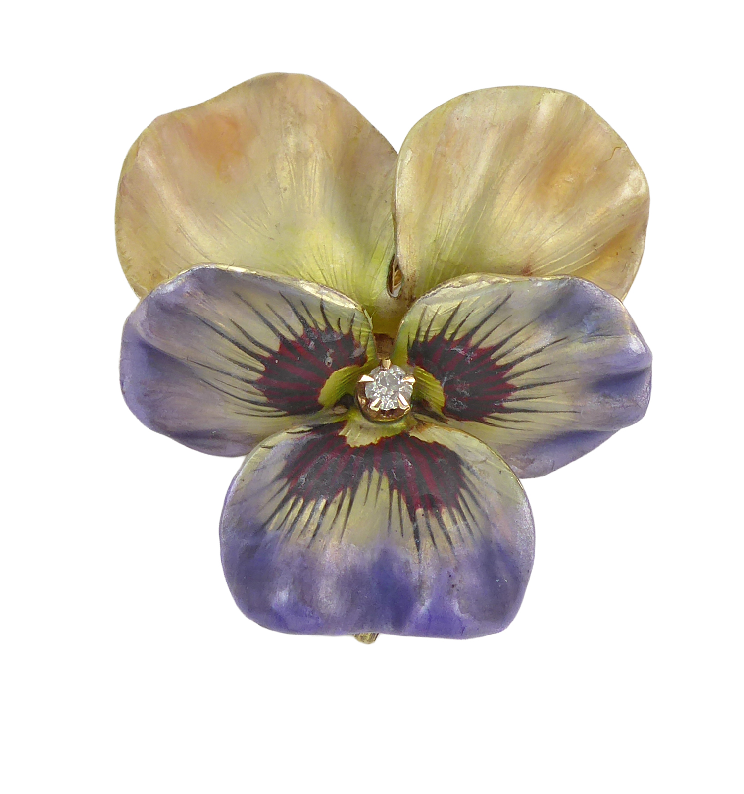 Antique iridescent enamel, diamond and gold pansy brooch, American c.1900