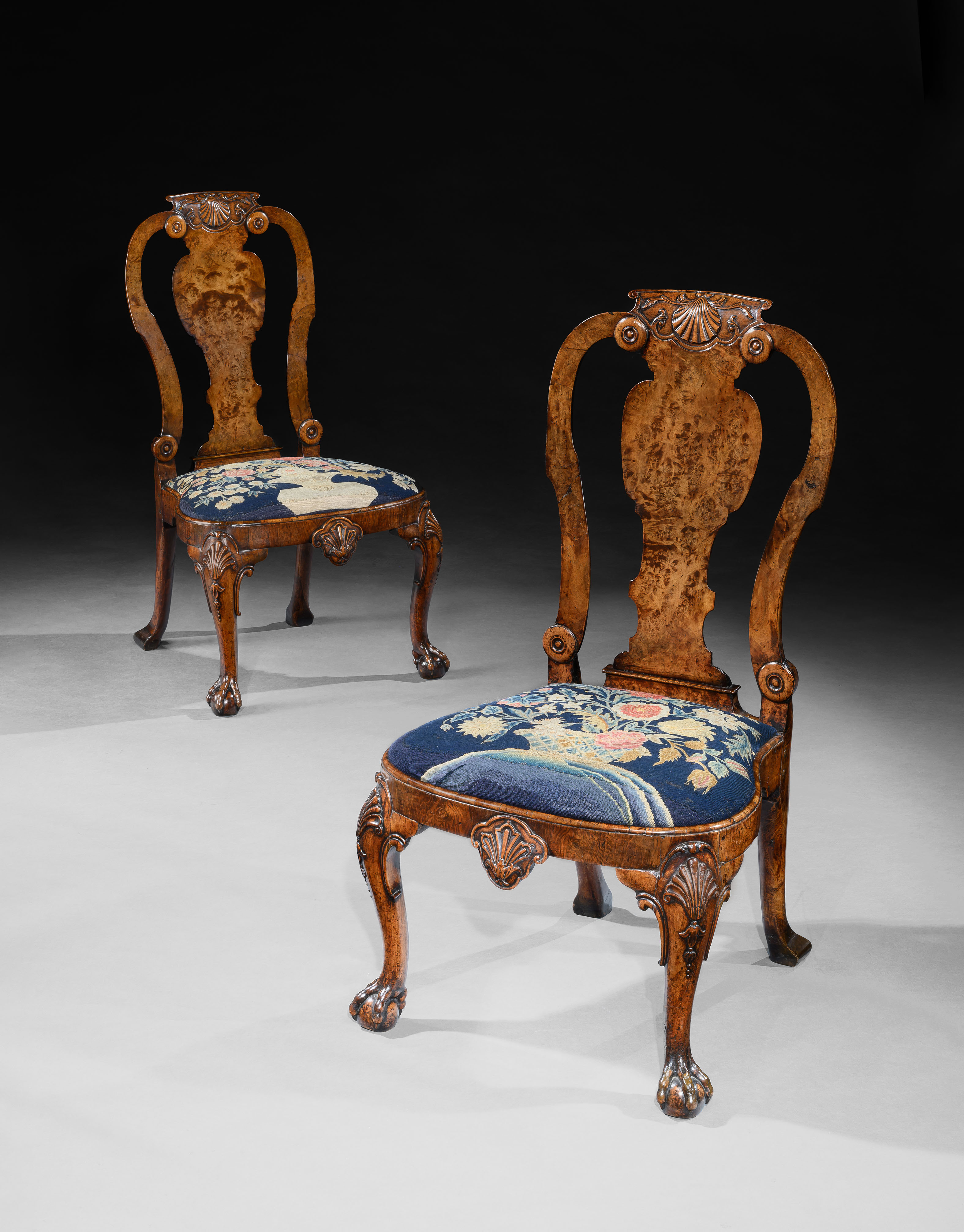 A PAIR OF GEORGE II BURR WALNUT SIDE CHAIRS Attributed to Giles Grendey ...