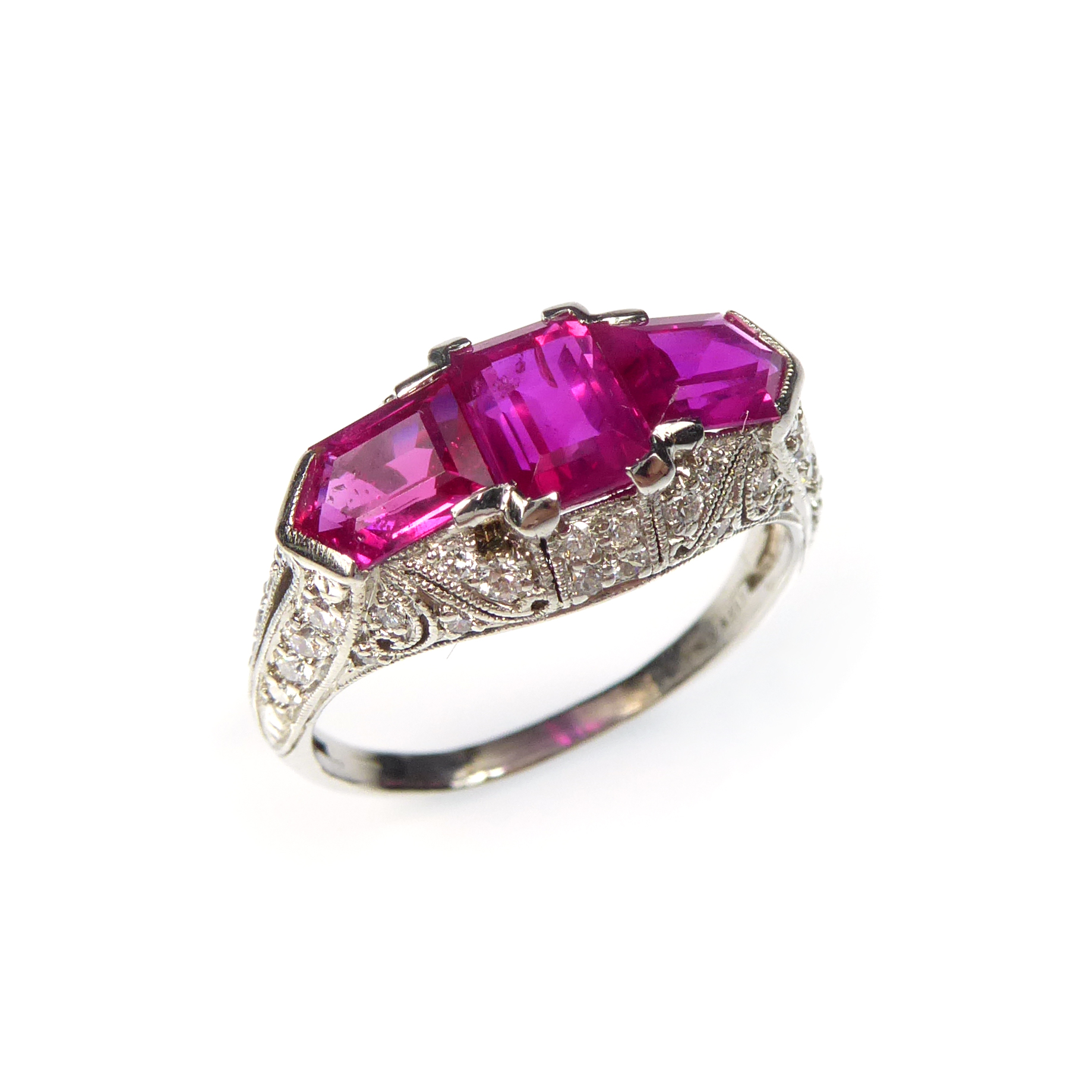 Early 20th century three stone rectangular cut ruby and diamond cluster ...