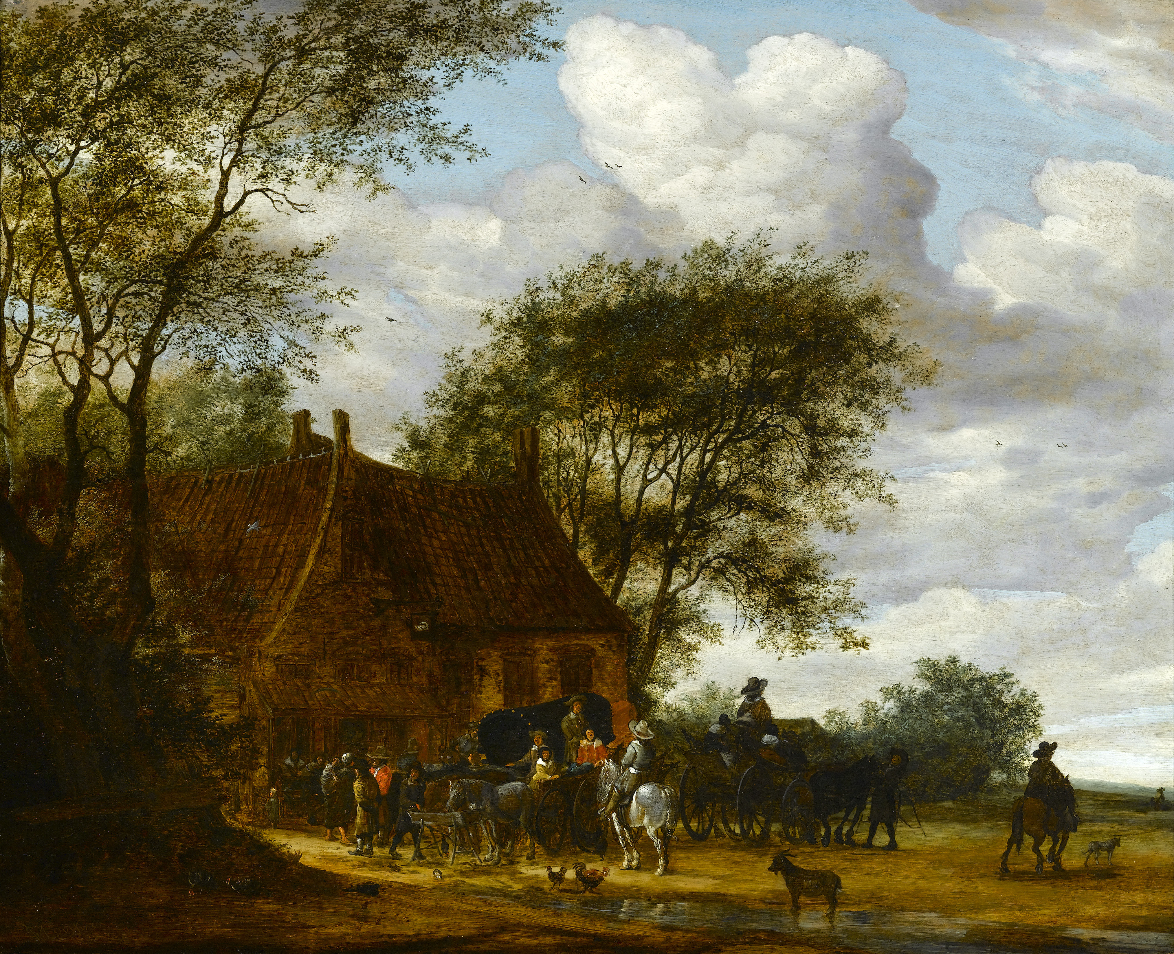 Salomon van Ruysdael - A Wooded Landscape with Travellers by an Inn ...